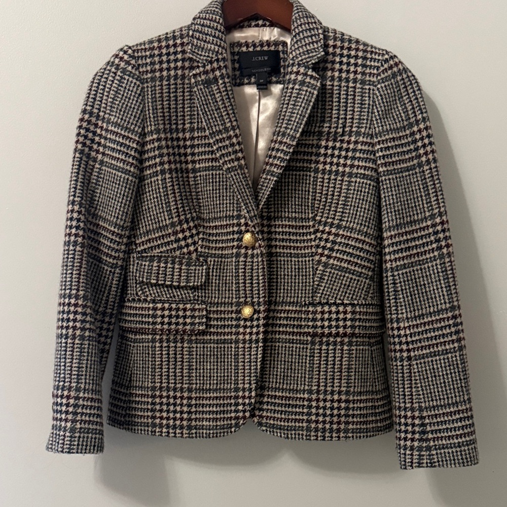 J. Crew School Boy Wool Checkered Blazer with Gold Buttons